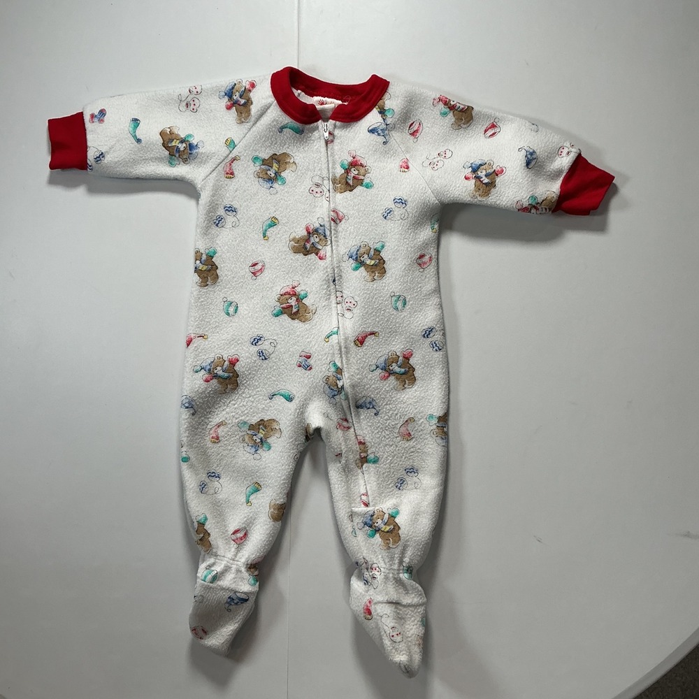 VTG 90s Carters Christmas Fleece Footed Sleeper Baby 6-12M Winter Bear White